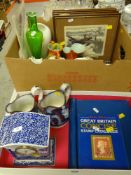 MIXED CHINA & GLASSWARE including Spode Italian mantel clock, pair of jugs, stamp album ETC