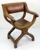 VINTAGE STUDDED BROWN LEATHER X-SHAPE HALL CHAIR