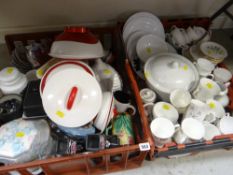 TWO CRATES OF MIXED CHINA including Crown Royal teaware, Portmeirion egg hen, pair of vintage