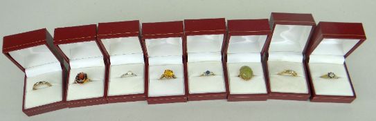 EIGHT VARIOUS DRESS RINGS including 18ct yellow gold pearl and diamond ring (two stones missing),