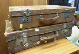 TWO VINTAGE BROWN LEATHER SUITCASES