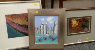 THREE ORIGINAL FRAMED MODERN PICTURES including semi-abstract, signed P Solden etc