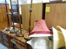 FOUR VARIOUS VINTAGE WOODEN STANDARD LAMPS & SHADES one with centre shelf