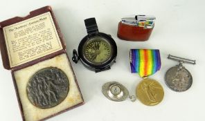 SMALL COLLECTABLES including black enamelled military-type folding pocket compass, cased Lusitania