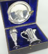 CASED FOUR-PIECE SILVER TRAVELLING COMMUNION SET comprising chalice, wafer box, paten and ewer, each