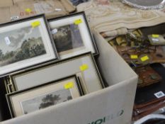 VARIOUS COLOURED FRAMED ETCHINGS of Welsh locations, two vintage sets of Post Office scales, Gilbert