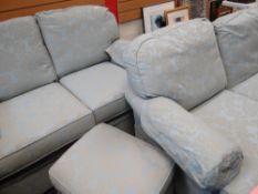 PAIR OF TWO-SEATER SOFAS in a blue and gold fabric, together with a small stool