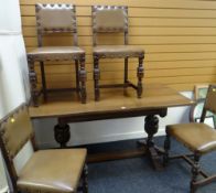 REPRODUCTION JACOBEAN-STYLE OAK REFECTORY STYLE DINING TABLE together with four leatherette and