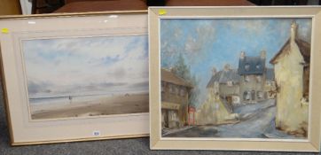 J BARRIE HASTE watercolour - beach scene with figures, signed, 34 x 52cms together with an oil on