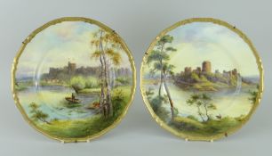 PAIR OF ROYAL WORCESTER PORCELAIN CABINET PLATES both painted with British castle scenes by J H
