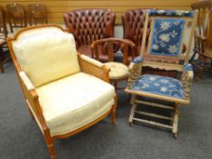THREE CHAIRS COMPRISING LIGHT OAK AMERICAN ROCKING CHAIR a reproduction Verger French style salon