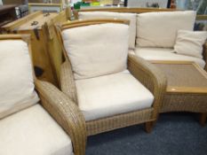 WICKER & BAMBOO CONSERVATORY SUITE comprising two-seater sofa, two armchairs, coffee table and side