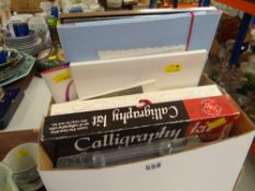 COLLECTION OF VARIOUS CALLIGRAPHY ITEMS including pens, pads and two framed prints ETC