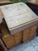 VINTAGE STRIPPED PINE WRITING SLOPE together with two vintage oak three-drawer cabinets