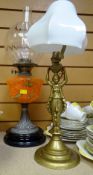 GOOD OIL LAMP WITH SPECKLED GLASS RESERVOIR & CLEAR GLASS SHADE together with a vintage cast metal