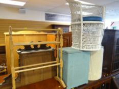 TWO LLOYD LOOM-STYLE LINEN BASKETS, small peacock chair and pine towel rail (4)