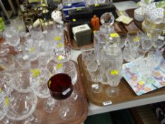 THREE TRAYS OF VARIOUS GLASSWARE including decanters, drinking glasses ETC