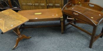 MAHOGANY BRASS MOUNTED LONG JOHN COFFEE TABLE together with a reproduction mahogany coffee table