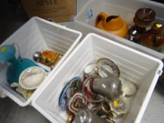 THREE CRATES OF MIXED CHINA & GLASSWARE including stoneware jars, continental teaware and a Tausig