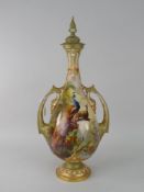 ROYAL WORCESTER PORCELAIN COVERED VASE with narrow neck over a circular pedestal foot, ornate twin-