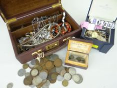 BROWN LOCKABLE JEWELLERY BOX AND COSTUME JEWELLERY CONTENTS together with a watch box and mixed
