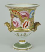 PORCELAIN TWIN-HANDLED VASE with panel of flowers to golden background, spray of flowers to reserve,