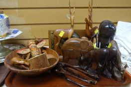 TRAY OF VARIOUS MAINLY WOODEN AFRICAN CARVED ANIMALS ETC