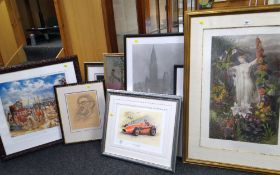 VARIOUS FRAMED PICTURES including sporting print, signed print portraits of Dizzy Gillespie, Buddy