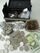 VINTAGE DEED TIN CONTAINING PRE-DECIMAL COINAGE & BANK NOTES