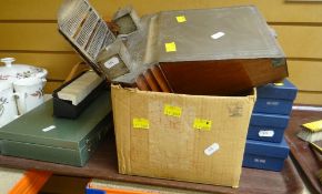 VINTAGE DOME TOP MANTEL CLOCK, box of loose diecast vehicles, cased Zeiss binoculars, boxed