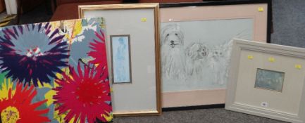 FOUR SUNDRY FRAMED PICTURES comprising watercolour by William Ware of figure in a garden, signed,