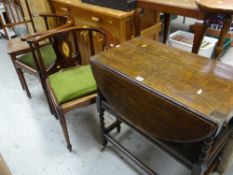 VINTAGE OAK DROP SIDED TEA TROLLEY WITH CENTRE SHELF, pair of inlaid decorated corner chairs and