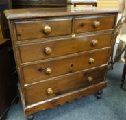 ANTIQUE STAINED PINE CHEST OF DRAWERS, two short above three long on raised bobbin feet