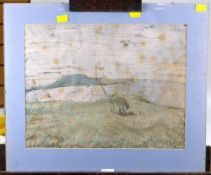 RHONA TOOZE batik - sheep in a landscape entitled 'One Fheep near Worms Head, October 1982', 30 x