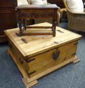 PINE BOX-STYLE COFFEE TABLE with hinged top and cast metal fittings, together with a small oak table