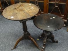 ANTIQUE OAK WINE TABLE with bird cage mechanism on tripod feet, together with a smaller ornate