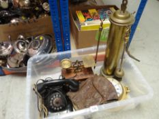 A VINTAGE BRASS COMPANION SET, postal scales, portal brass style clock and a vintage brown leather