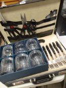 A VINERS BRIEFCASE FITTED KNIFE AND SCISSORS SET together with a boxed set of Bohemian lead