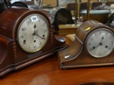 LARGE MAHOGANY DOME TOP MANTEL CLOCK with circular face, together with a similar smaller oak dome