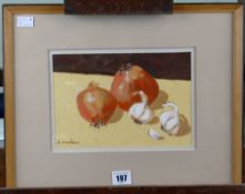 LAUREN LINDEE acrylic - still-life, entitled verso 'Onions & Garlic' and with Phoenix Gallery,