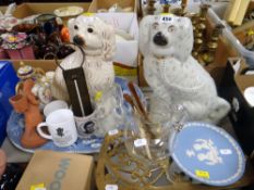 PAIR OF VINTAGE STAFFORDSHIRE DOGS, blue and white platter, continental twin handle lidded urn ETC