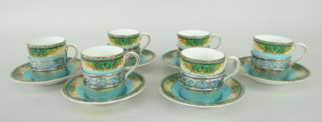 SET OF SIX GEORGE JONES PORCELAIN & SILVER MOUNTED COFFEE CANS & SAUCERS, silver hallmarked