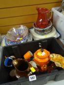 PARCEL OF MIXED CHINA including cranberry glass jug, Royal Doulton cake plate, platters ETC