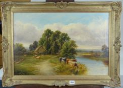 HENRY HARRIS OF BRISTOL (1852-1926) - oil on canvas, landscape with cattle watering, sheep and