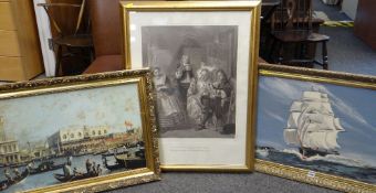 THREE FRAMED PICTURES comprising oil on canvas of a sailing ship, antique print 'Le Malade