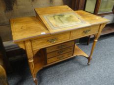 SMALL ANTIQUE MAHOGANY & STRING BAND DECORATED WRITING DESK with central leather tooled slope and