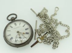 SILVER POCKET WATCH with two silver T-bar chains, Birmingham hallmark