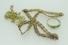 THREE ITEMS OF MODERN 9CT YELLOW GOLD JEWELLERY comprising dress ring and two necklaces, 15grams