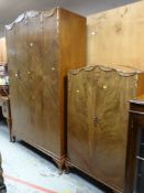 GOOD VINTAGE FLAME WALNUT VENEERED BEDROOM SUITE comprising dressing table, wardrobe and tallboy