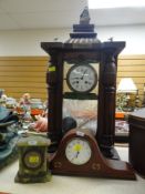 VINTAGE VIENNA WALL CLOCK, mahogany Napoleon hat type mantel clock, small onyx clock